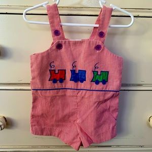 Vintage baby Shortalls Conductor Striped Red White w/train embroidery (9 months)